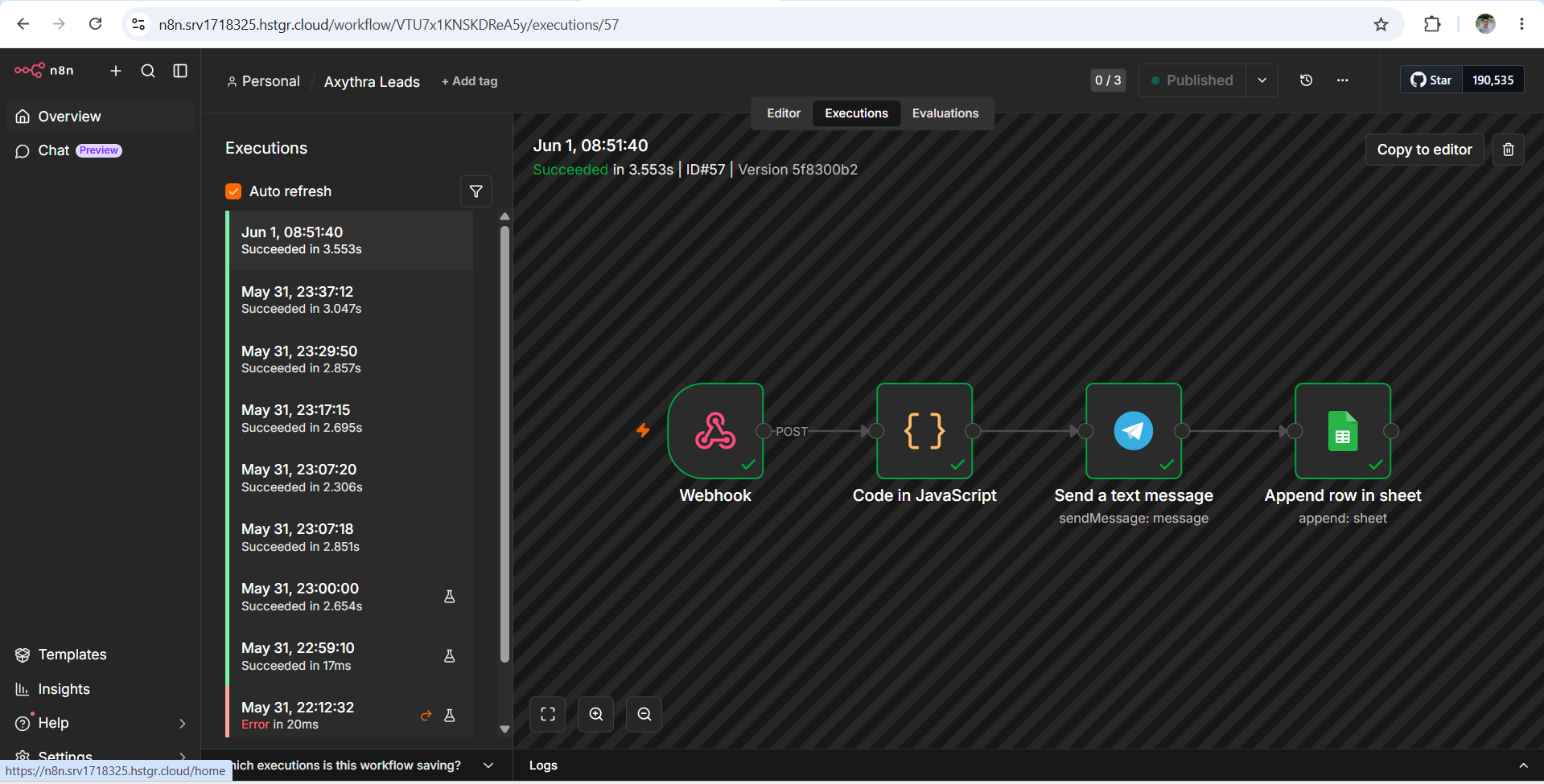 Close-up of the Axythra Lead System n8n nodes showing how each step connects: capture, process, Telegram alert, and Google Sheets log
